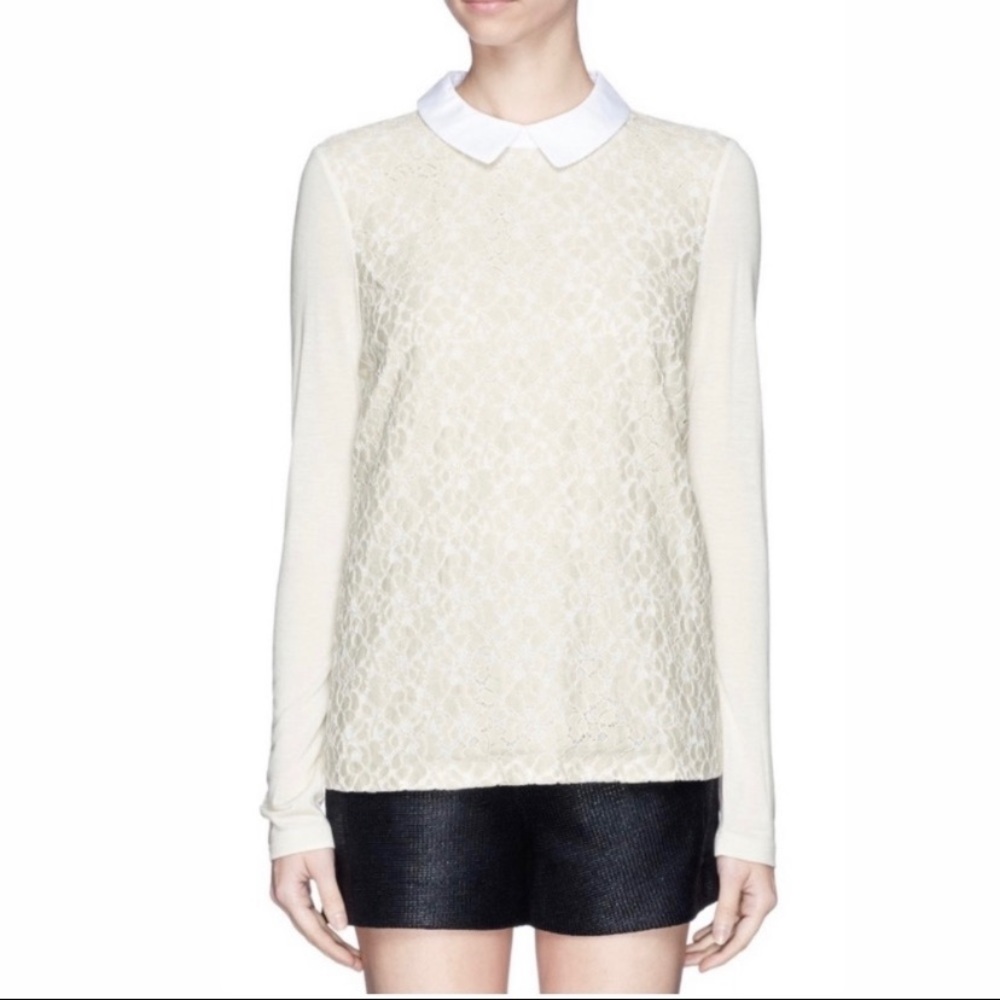 Tory Burch neutral beige lace pattern long sleeve top white collar size Small